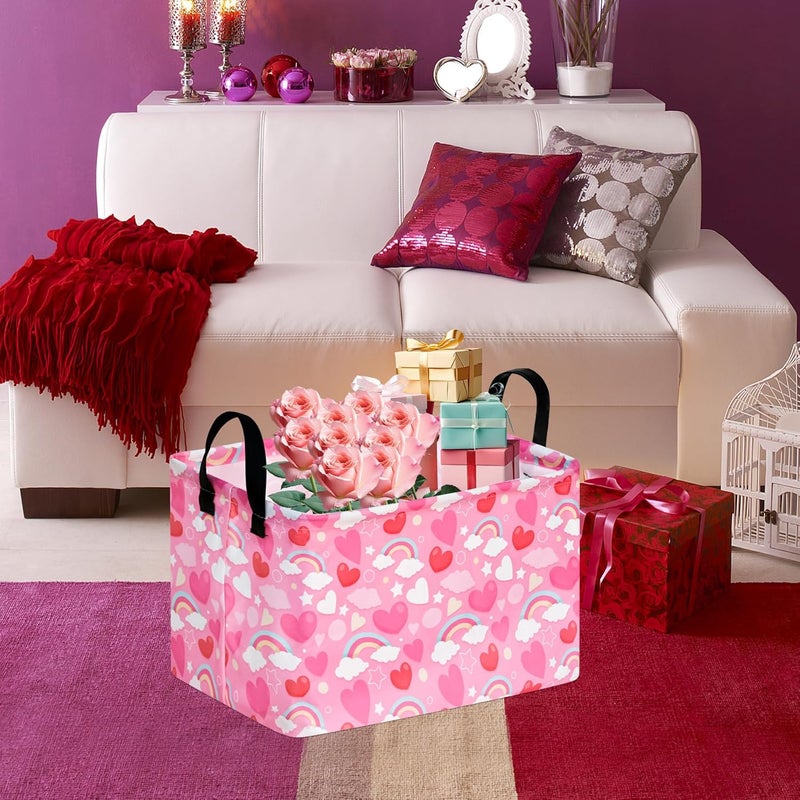 FUULOXE Rectangular Valentines Basket Storage Bin for Shelves Girls Gifts Baskets Foldable Box with Handles for Home Office Car Dormroom Valentine's Day Party Supplies - Image 3